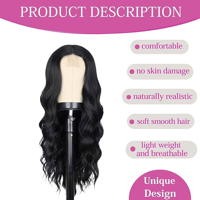 26 inch Lace Hairline Long Black Wigs for Women Middle Part Long Curly Wig Heat Resistant Synthetic Hair Looking Natural Fiber Wig for Daily Party Use