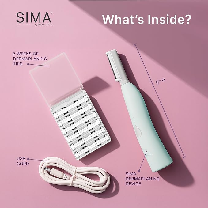SPA SCIENCES - SIMA Patented Dermaplane Razor for Women Face ? Painless 2-in-1 Facial Exfoliation &amp Peach Fuzz Hair Removal ? Anti-Aging ? 3 Speeds ? Rechargeable ? 7 Weeks Treatment