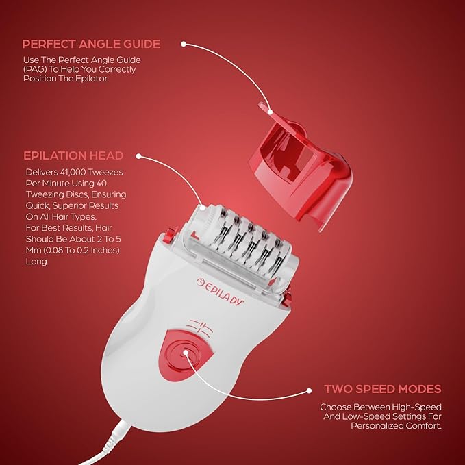 Epilady Speed Corded Epilator for Women ? Dual-Speed 40-Disc Root Hair Removal Device for Legs Underarms and Bikini Area Compact Waterproof Anti-Pinch Design for Smooth Long-Lasting Results