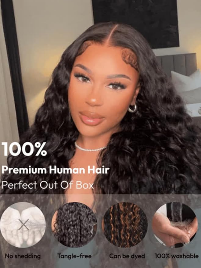 Nadula Bye Bye Knots Glueless Water Wave Drawstring Wig Human Hair Pre Everything 7X5 HD Lace Front Wigs Pre Cut/Plucked/Bleached Invisible Knots Ready to Wear Wet and Wavy Wig 150% Density 26inch
