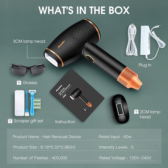 Hair Removal Device with Ice Cooling System Permanent Painless Light Hair Remover with Aoto Flash Modes and 2 Lamp Heads at-Home For Men and Women