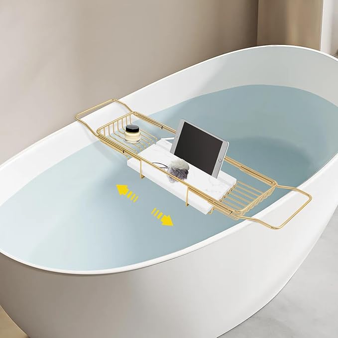 Stainless Steel Bathtub Tray Expandable Marble Bath Tray for Tub 44.09 lbs Capacity Bath Caddy for Bathtub Bathroom Accessories for Home Spa (Gold + White)