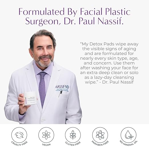 NassifMD Exfoliating Detox Pads | Surgeon-Created AHA/BHA Facial Pads for Deep Cleansing Smoother Texture &amp Glowing Skin | Reduces Pores Firms Brightens