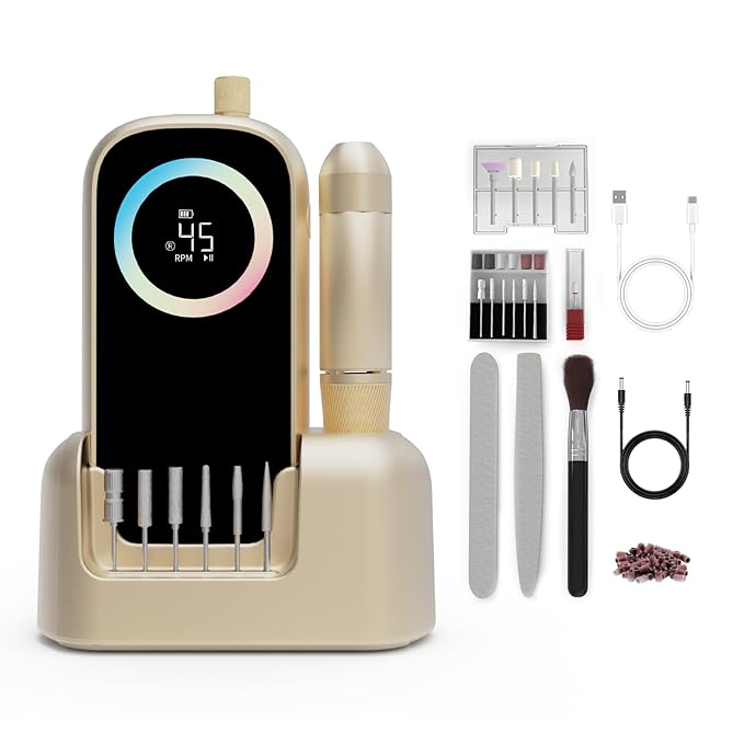 Electric Nail Drill 45000RPM 2025 Pro High Tech Fast Remove Cordless Nails Drill with Rechargeable Stand for Acrylic Nails 12Pcs Drill Bits and Holder LCD Professional Nail Machine for Salon Home