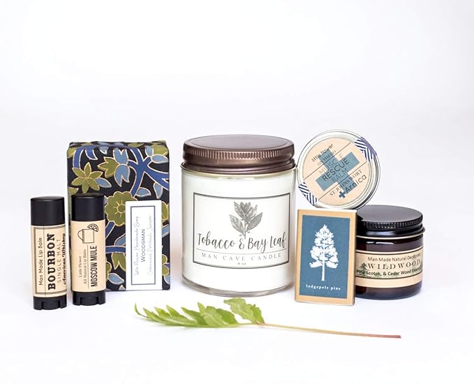 Woodsman Men's Self Care Gift Box - Holiday Gift for Men - Handmade Spa Set with Soap Candle Lip Balm Deodorant and Muscle Balm - Christmas Gift Idea for Dad Husband Boyfriend or Grandpa