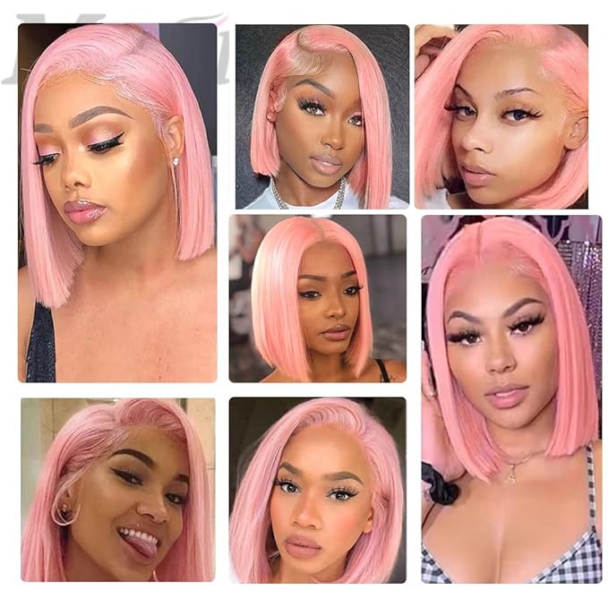 Silky Straight Pink Bob Wigs Brazilian Human Hair HD Transparent 13x4 Lace Front Wigs Virgin Hair 180% Density Pre Plucked with Baby Hair 10 Inch Bleached Knot Middle Part Pink Bob Wigs for Women