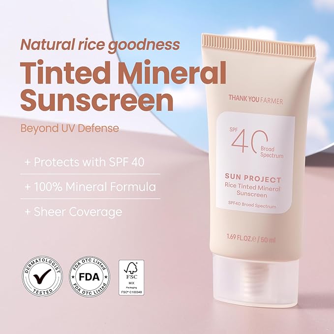 THANKYOU FARMER Sun Project Rice Tinted Mineral Sunscreen SPF40 Broad Spectrum - Korean Face Sunscreen with Zinc Oxide - Tinted SPF with No White Cast Dermatologist-Tested - 1.69 fl oz