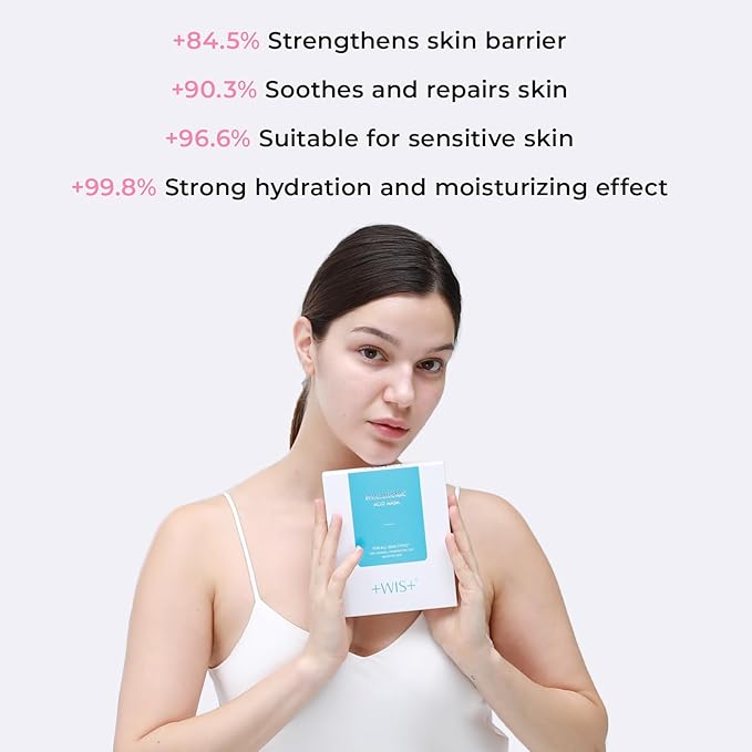 '+WIS+ Hyaluronic Acid Face Mask 24 EA with Hyaluronic Acid Serum and Vitamin B5 Facial Mask for Dry Skin Anti-Aging Mask to Plump and Repair Dehydrated Skin Safe on Sensitive Skingifts for women