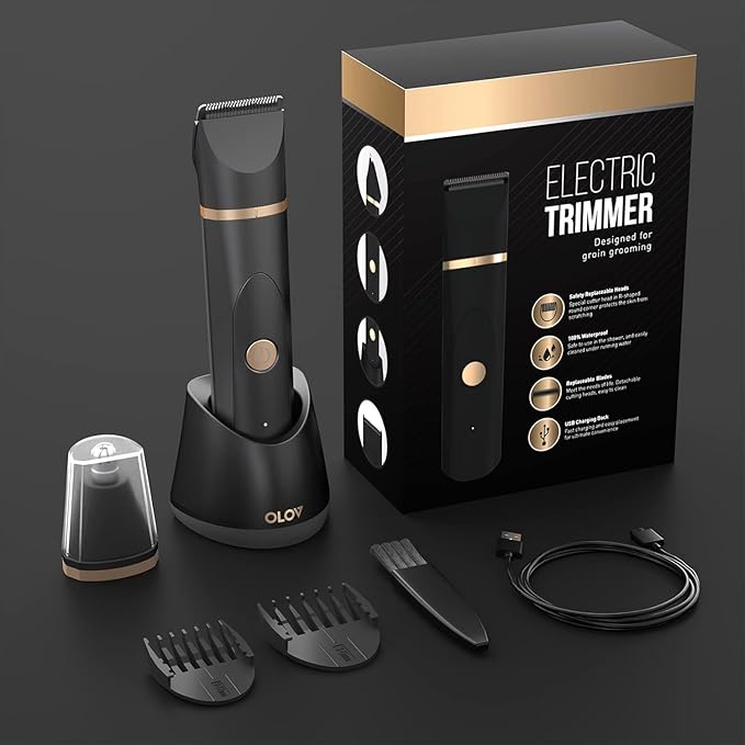 OLOV Electric Body Hair Trimmer - Groin Trimmer for Men - Bikini Trimmer Women - Wet/Dry Shaver Groomer Replaceable Ceramic Blade Heads USB Recharge Dock Waterproof Hygiene RazorBlack