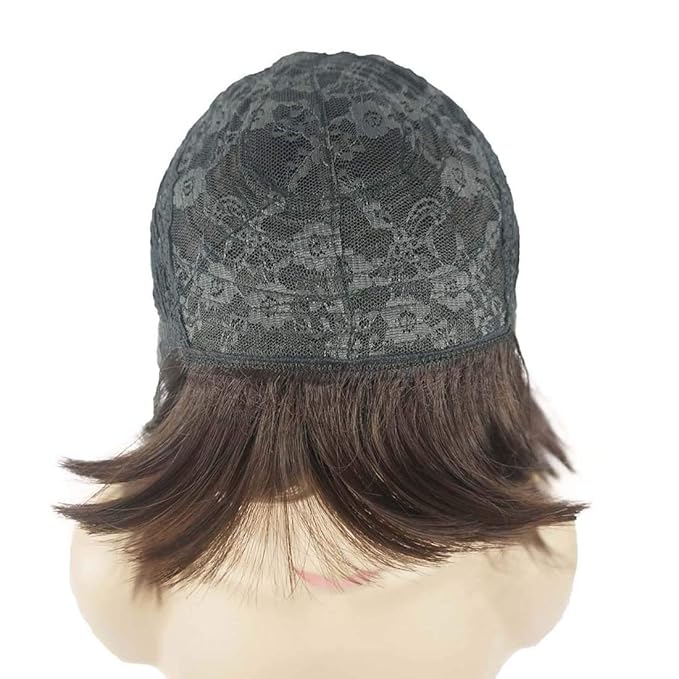 Lydell 8 Straight Short Bob Hair Flat Bangs Cute Central Dot Skin Top Heat Resistant Synthetic Wigs (6 Chestnut Brown)