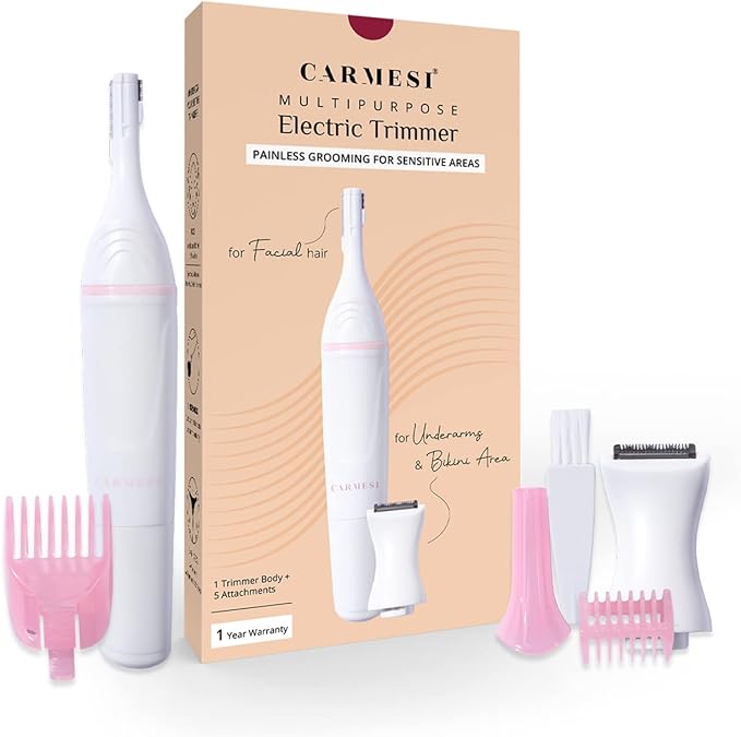 Carmesi Multipurpose Electric Trimmer | Painless Grooming for Sensitive Areas | Face Underarms Bikini Area | Comes with Eyebrow Comb Cleaning Brush Trimming Head Comb | Pack of 1