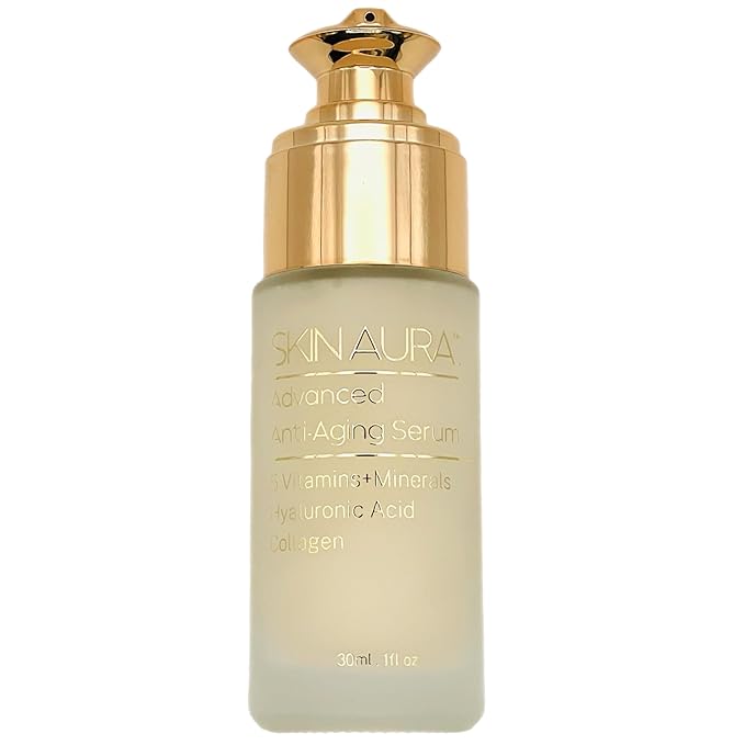 SKIN AURA??Advanced Anti-Aging Serum | All-In-One Sensitive Formula for Wrinkles Fine Lines &amp Age Spots | Plant Derivative with Hyaluronic Acid Collagen Peptides 5 Vitamins + Minerals - 30ml (1
