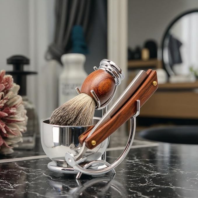 Grandslam Shaving Straight Razor Kit Cutthroat Straight Razor With Leather Strop Shaving Brush and Bowl Stainless Steel Stand Shave Soap Gift for Men