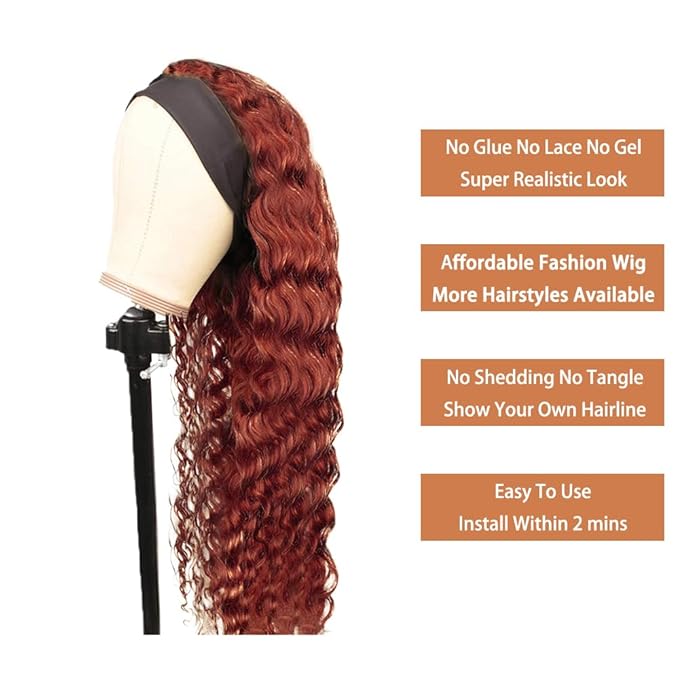 18 Inch #33 Auburn Brown Headband Wig Human Hair 150% Density Grade 8A Unprocessed Brazilian Virgin Hairs Machine Made Reddish Brown Water Wave Headband Wig Human Hair For Woman