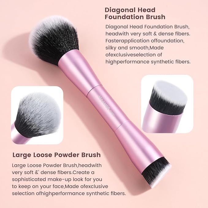 MAANGE 20 PCS Foundation Makeup Brush Set Double-ended Kabuki Contour Brush for Liquid Powder Concealer Blending Blush Buffing Makeup Tools (Pink)