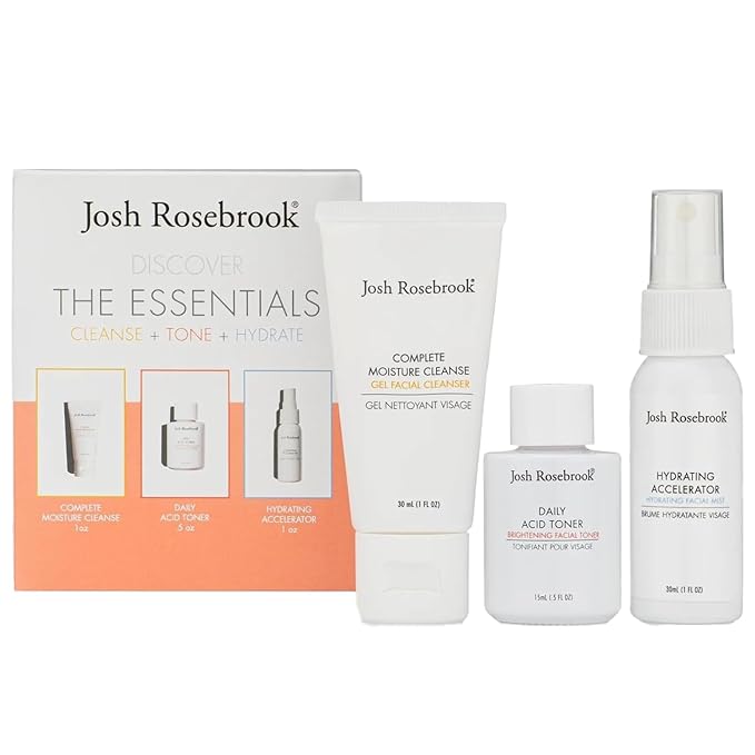 Josh Rosebrook The Essentials Kit - Cleanse Tone &amp Hydrate Skincare Set | Complete Moisture Cleanse 1 oz Daily Acid Toner 0.5 oz Hydrating Accelerator 1 oz | Travel Size Facial Skin Care