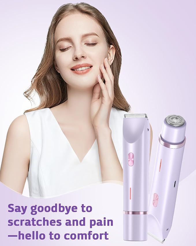 Bikini Trimmer for Women Dual-Head Women's Electric Razor 2-in-1 Electric Shaver for Women Pubic Hair/Legs/Arms/Underarm/Face IPX7 Waterproof Wet/Dry Use (Purple)