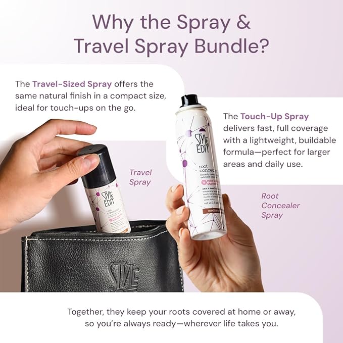Style Edit Travel Essentials Hair Duo Root Concealer Spray Full Size &amp Travel Size | Instant Gray Root Concealer for Grays and Roots Coverage | Auburn