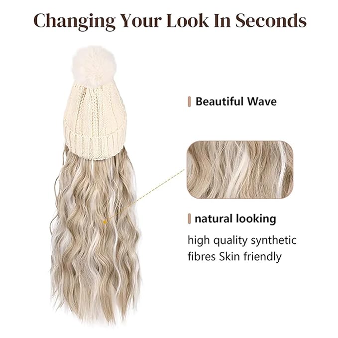 Women Winter Beanie Hat with Wig Big Wavy Curly Hair Extensions Knit ski Snow Cap Attached Party Daily Weddings Wig