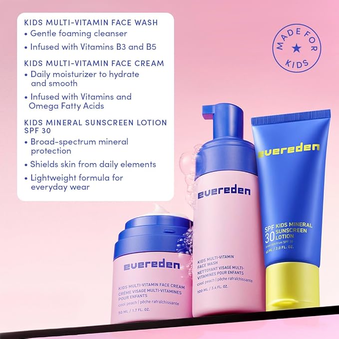 Evereden Kids Daily 1-2-3 Routine Bundle: Clean &amp Vegan Skin Care Set - Hydrating &amp Nourishing Tween Skincare Set with Multi-Vitamin Face Wash Face Cream Lotion &amp SPF 30 Mineral Sunscre