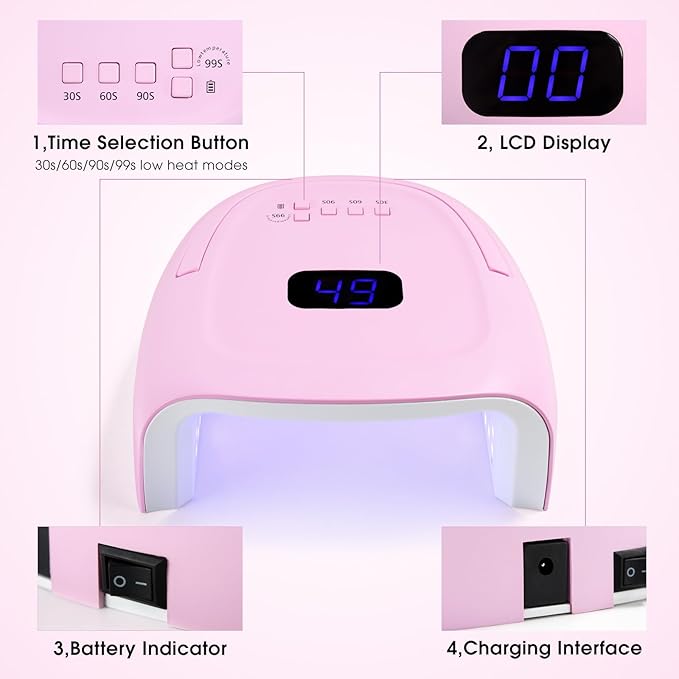 Rechargeable LED Nail Lamp 60W Portable Wireless Nail Dryer UV Gel Polish Light with LCD Display Auto Sensor and 4 Timer Settings Professional Curing Lamp with 42 LED Beads for Salon