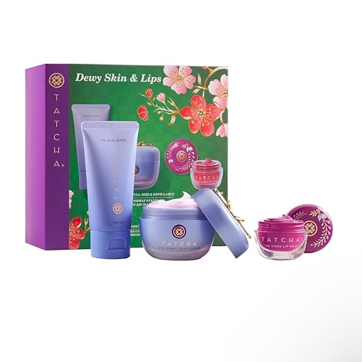Tatcha Dewy Skin &amp Lips Hydrating Ritual Set Travel Rice Wash Full Size Dewy Skin Cream Wisteria Lip Mask ($119 Value)