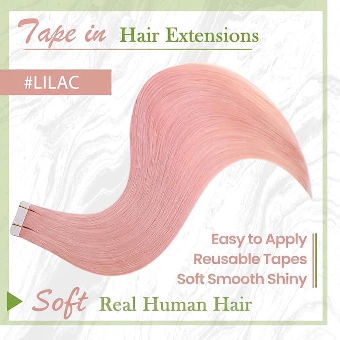 RUNATURE Pink Tape in Hair Extensions Real Human Hair Tape in Extensions Light Pink Hair Extensions for Highlight Colored Party Remy Hair Easy to Apply 20 Inch 25g 10pcs