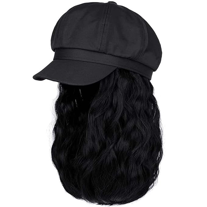 YEKEYI Beret Hat with Hair Newsboy Cap with Bob Hair Extensions Hat Wig Visor Beret Short Curly Wavy Hairpiece for Women
