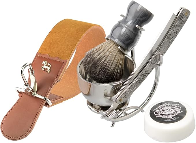 Grandslam Shaving Straight Razor Kit Steel Cutthroat Straight Razor With Leather Strop Shave Brush Stainless Steel Shaving Bowl and Stand Gift for Men