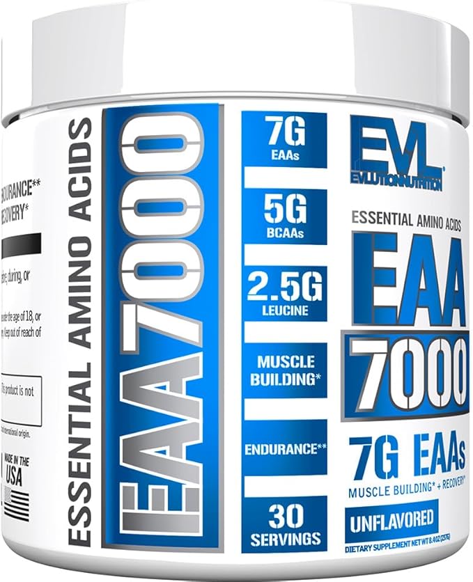 Evlution Nutrition EAA7000 - Pre &amp Post Workout Powder - Muscle Building + Recovery Supplement - 7g Essential Amino Acids + 5g BCAAs - Endurance + Energy Support - 30 Servings - Unflavored