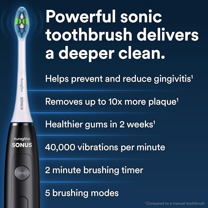 AURAGLOW Sonus Electric Toothbrush 5 Cleaning Modes 2 Brush Heads &amp Travel Case 40000 VPM Sonic Toothbrush &amp Wireless Charging 30-Day Battery Life with Smart Timer Black