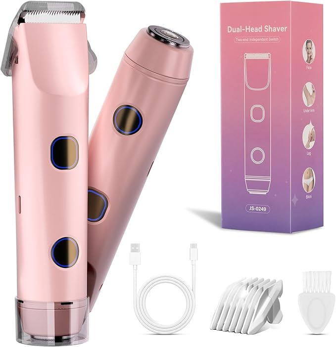 2-in-1 Bikini Trimmer for Women Bikini Shaver with Dual Heads Body and Facial Hair Removal Cordless Rechargeable Electric Razors for Face Chin Pubic Underarm Legs IPX7 Waterproof Pink