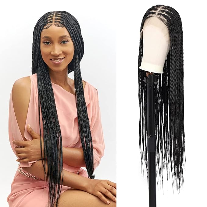 Wow Braids Box Braid Wig - Knotless Braided Wigs for Black women with 360 glueless Full Swiss Lace Cap &amp Human Baby Hair Frontal Synthetic Long Neat African Handmade Braiding - 36 inch/Black
