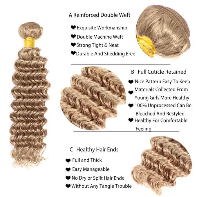 Ash Blonde Bundles #22 Deep Wave Bundle Blonde Human Hair Bundles 22 24 26 inch #22 Wet and Wavy Bundle 150g