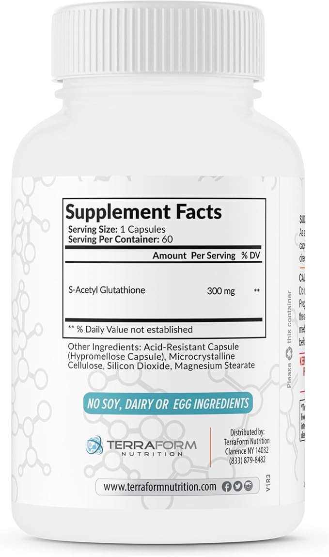 TerraForm Nutrition Extra Strength S-Acetyl Glutathione 300mg ? 60 Acid-Resistant Capsules - Premium Glutathione Supplement - Highly Bioavailable &amp Stable Form SAG Supplement ? Made in USA