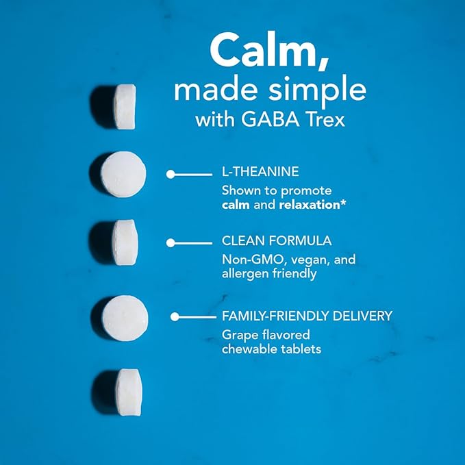 NeuroScience GABA Trex L Theanine Supplement - Calm Aid for Daytime Stress Support &amp Evening Relaxation - Chewable Grape-Flavored Tablets - Vegan &amp Non-GMO (60 Tablets)