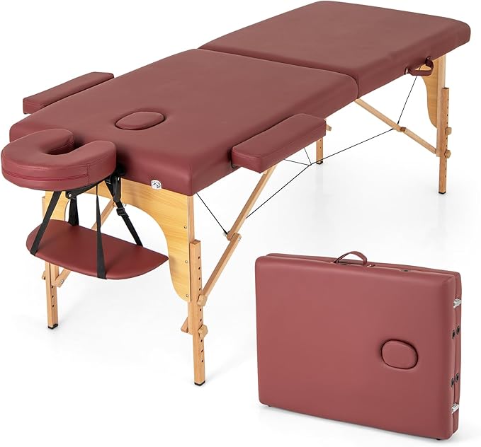 Giantex Massage Table Portable Massage Bed w/Carrying Case 2-Section Salon Spa Facial Care Tattoo Bed Height Adjustable Wood Frame Professional Massage Lash Bed for Eyelash Extension (Red)