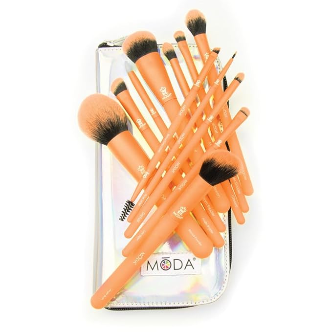 MODA Totally Electric Neon Orange Full Face Makeup Brush Kit ? 13pc Vibrant Brush Set for Face &amp Eyes with Zip Case