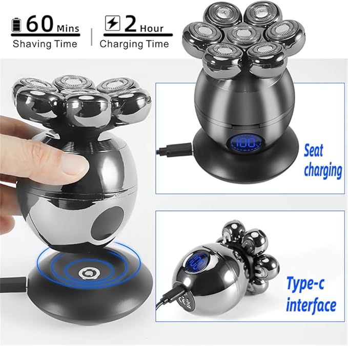 7D USB Rechargeable Electric Shaver for Men - 5 in 1 Waterproof with LCD Display Bald Head Shaver Wet Dry Razor (Grey)