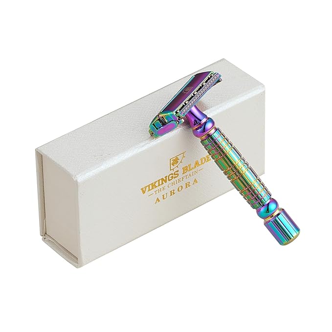 VIKINGS BLADE Double Edge Safety Razor + 5 Swedish Steel Blades + Luxury Case. Smooth Reusable Recyclable (Chieftain Aurora)