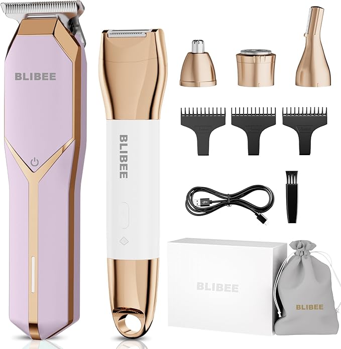 Hair Clippers &amp Bikini Trimmer for Women - Waterproof Electric Clippers and 4 in 1 Bikini Trimmer Set Deluxe Hair Trimmer Wet/Dry Body Shaver for Nose Eyebrows Beard Pubic Hair Mauve