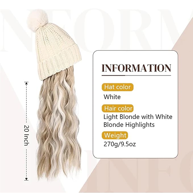 Women Winter Beanie Hat with Wig Big Wavy Curly Hair Extensions Knit ski Snow Cap Attached Party Daily Weddings Wig