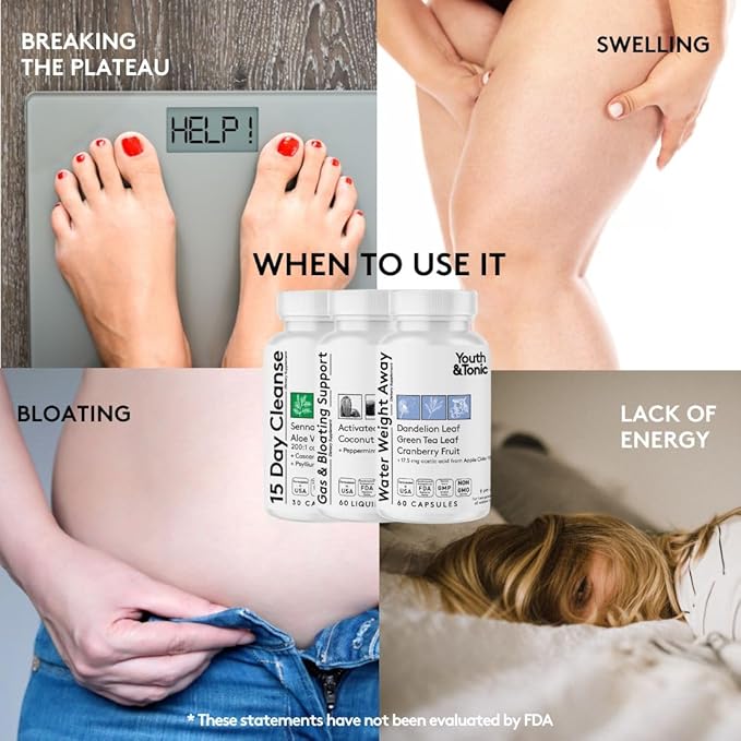 Youth &amp Tonic 3X Belly Bloating Pills for Puffiness Water Debloat Stomach Gut &amp Colon Cleanse Detox | with Liquid Activated Charcoal Coconut &amp Peppermint Oil Senna Leaf &amp More | 1