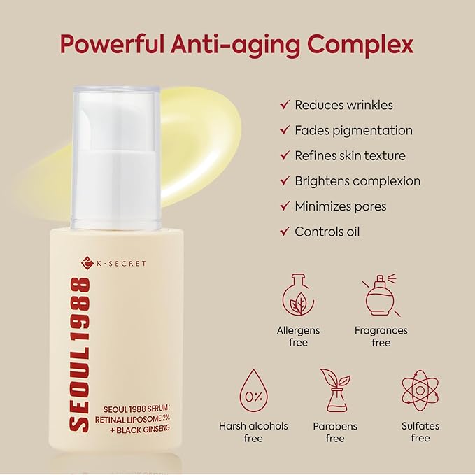 K-SECRET SEOUL 1988 Retinal Serum: Retinol Serum for Face Anti Aging Wrinkle Care - 2% Retinal Liposome Black Ginseng Niacinamide Bakuchiol Vitamin C &amp 3 Peptides - Korean Skincare Fragrance Free