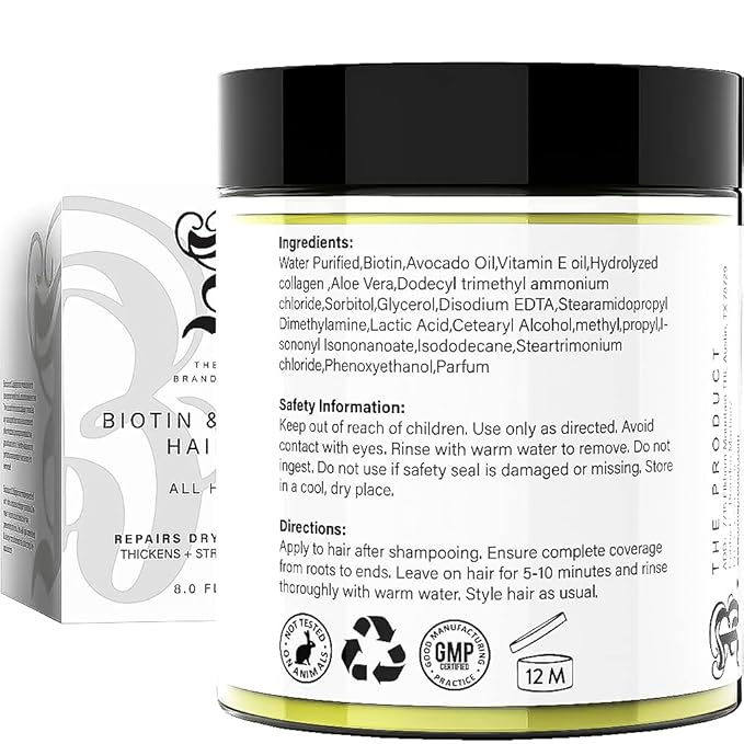 Biotin and Hydrolyzed Collagen Hair Mask for Dry &amp Damaged Hair with Aloe Vera Avocado Oil Vitamin E Oil (8oz)