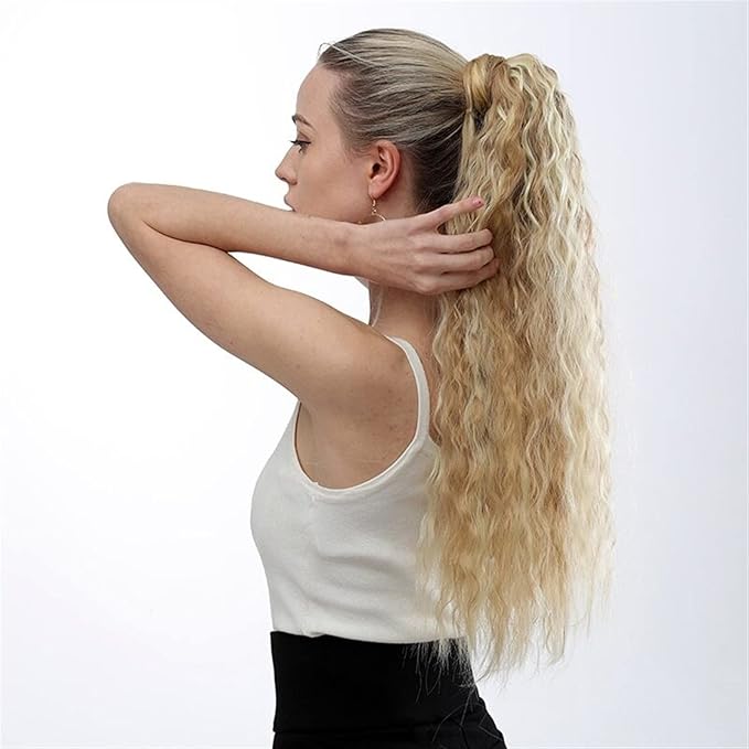 Hair Chignon 22 Inch Synthetic Corn Wavy Long Ponytail Wig Wrap Hair Clip Extensions Ponytail Hair Bun Women Hair Accessories Hair Pieces For Women(1B)