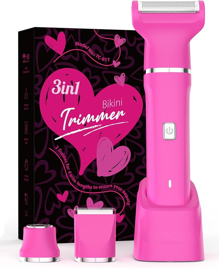 Electric Bikini Trimmer for Women Gifts for Her - 3-in-1 Rechargeable Waterproof Shaver Razor Cordless Pubic Hair Remover Precision Groomer Painless Portable Wet Dry Personal Care Tool