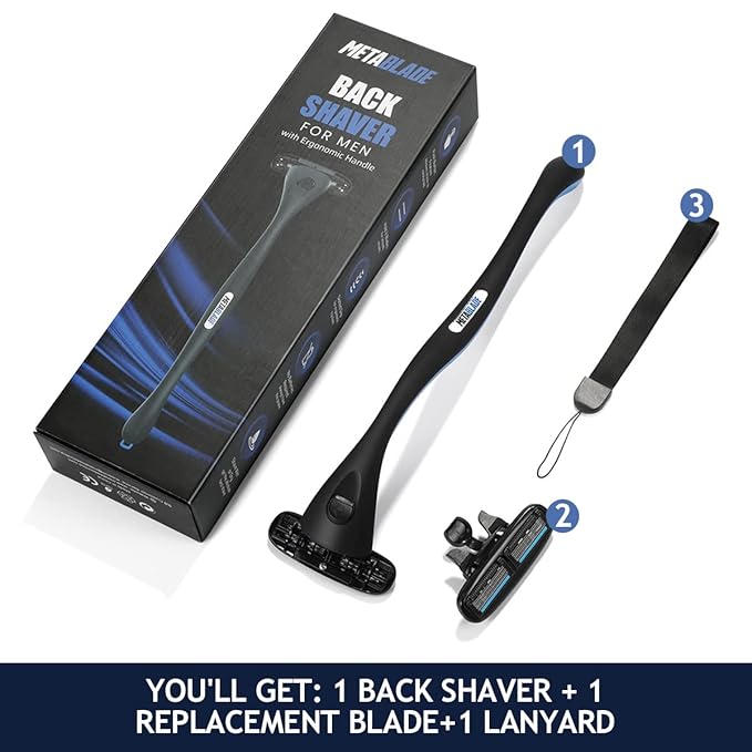 Metablade Back Shaver for Men - Long Handle Back Hair and Body Shavers - Replaceable Ultra Wide Blades DIY Shave Wet or Dry