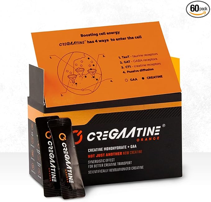 Micronized Creatine Monohydrate + GAA | Increase Strength No Water Retention | Boosts Memory &amp Focus | Single-Serve Packets | 60 Sachets 30 Servings | (Sachets Orange)