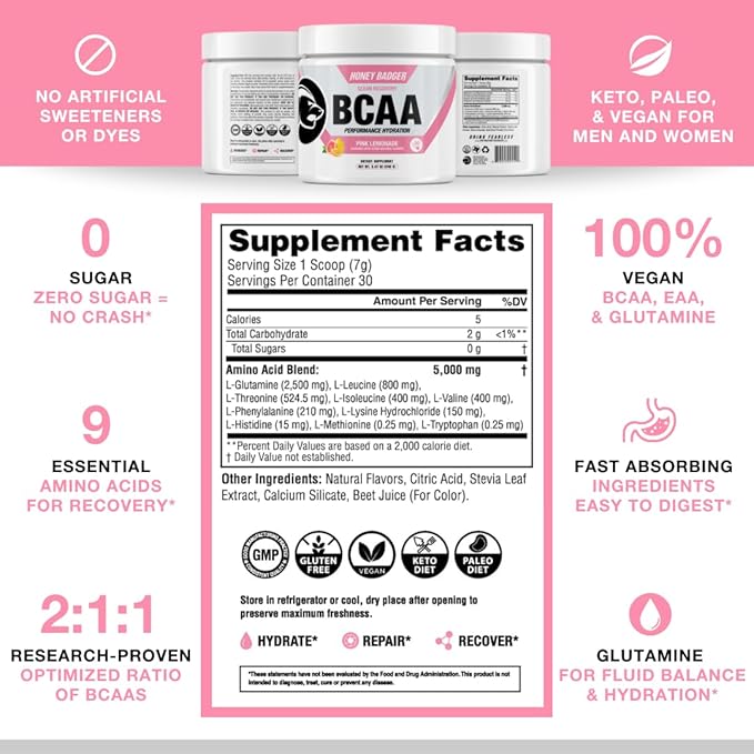 Honey Badger BCAA + EAA Amino Acids Powder BCAAs + L-Glutamine Keto Vegan Sugar Free for Men &amp Women Hydration &amp Post Workout Muscle Recovery Drink Mix Pink Lemonade 30 Servings
